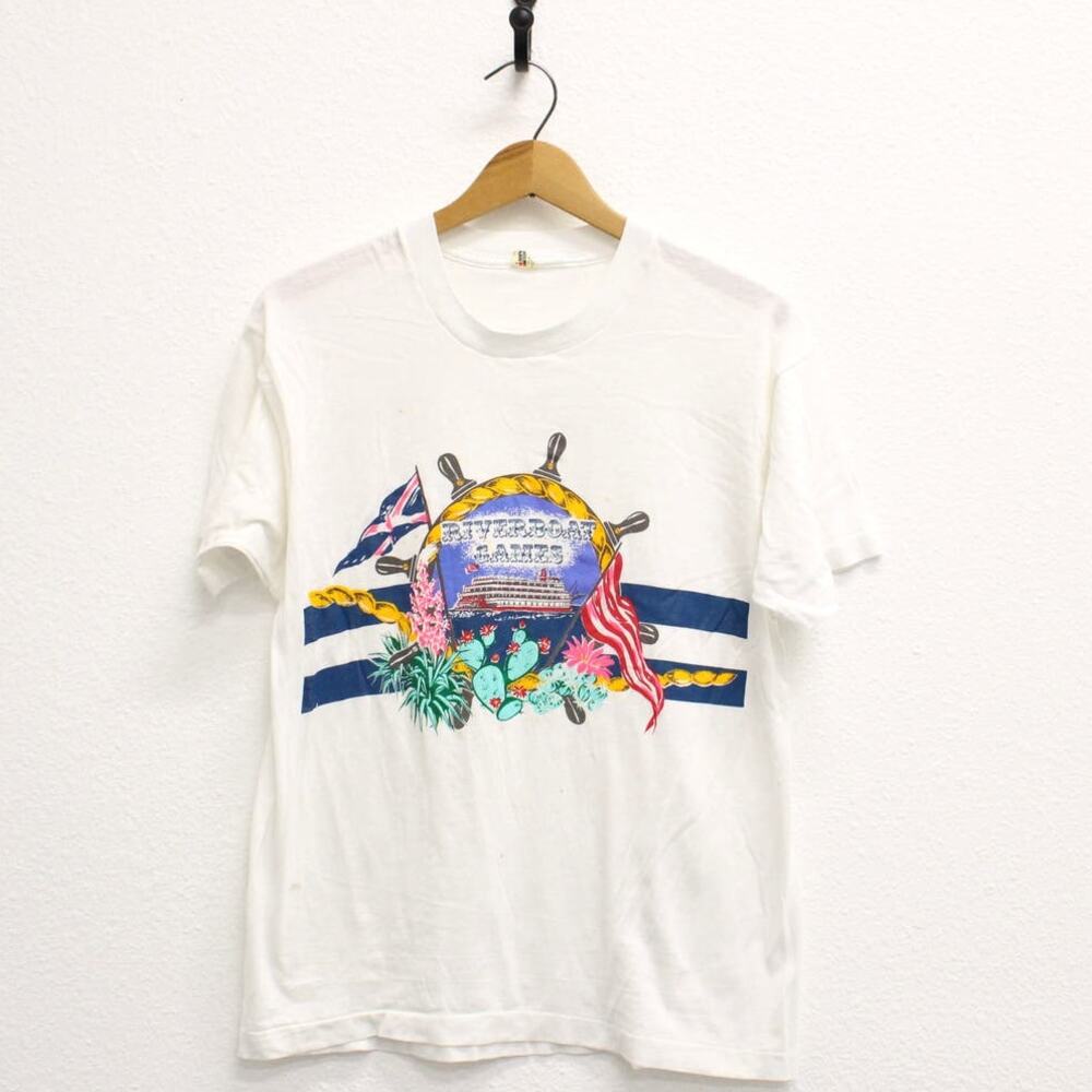 Vintage 80s Riverboat Games White T Shirt Mens Large Graphic Tee